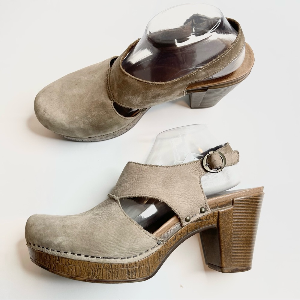 Dansko Taupe Gray Suede Clog Heels Wood Sole, Size 41